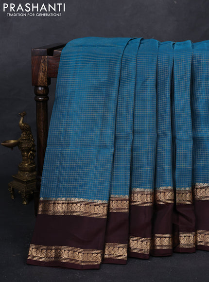 Peacock Blue & Brown Kanchipuram Soft Silk - Checks