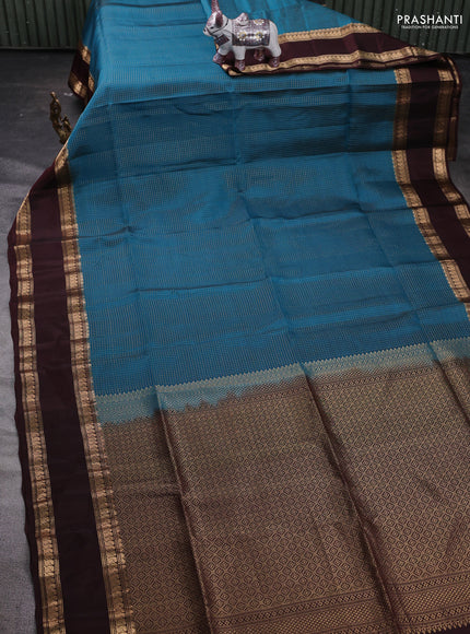 Peacock Blue & Brown Kanchipuram Soft Silk - Checks