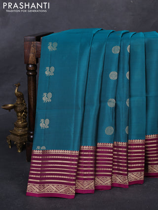 Teal Green & Magenta Pink Kanchipuram Soft Silk - Buttas