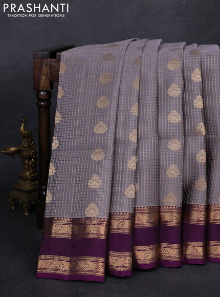 Grey & Purple Kanchipuram Soft Silk - Checks