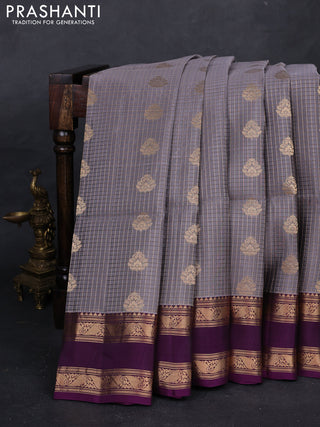 Grey & Purple Kanchipuram Soft Silk - Checks