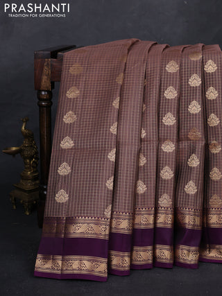 Pastel Brown & Purple Kanchipuram Soft Silk - Checks