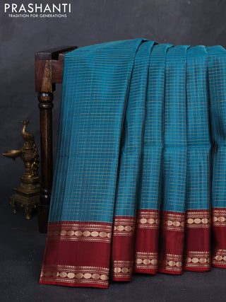 Teal Green & Maroon Kanchipuram Soft Silk - Checks