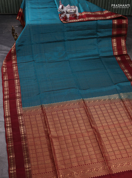 Teal Green & Maroon Kanchipuram Soft Silk - Checks