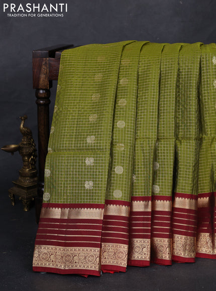 Mehendi Green & Maroon Kanchipuram Soft Silk - Checks