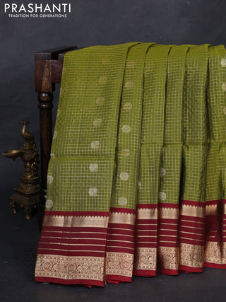 Mehendi Green & Maroon Kanchipuram Soft Silk - Checks