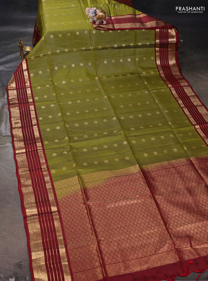 Mehendi Green & Maroon Kanchipuram Soft Silk - Checks