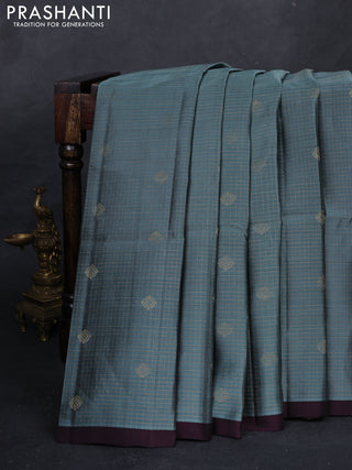 Pastel Blue & Wine Kanchipuram Soft Silk - Checks