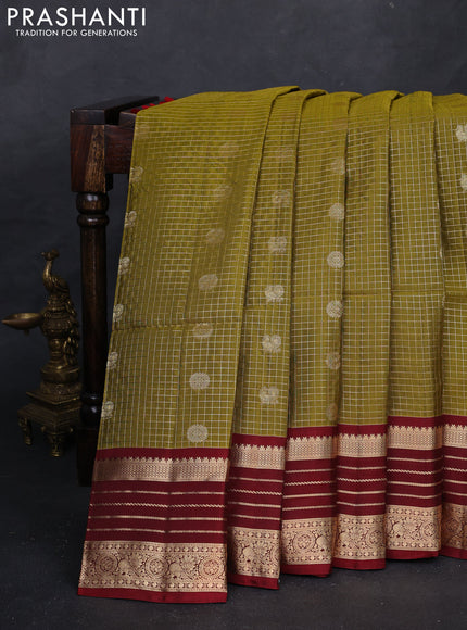 Mehendi Green & Maroon Kanchipuram Soft Silk - Checks