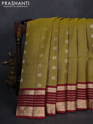 Mehendi Green & Maroon Kanchipuram Soft Silk - Checks