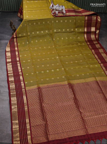 Mehendi Green & Maroon Kanchipuram Soft Silk - Checks