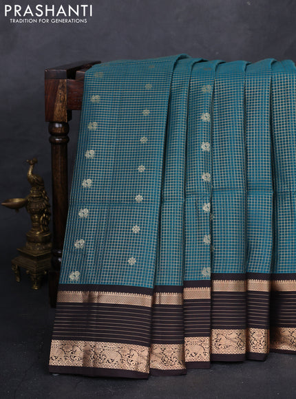 Peacock Green & Coffee Brown Kanchipuram Soft Silk - Checks