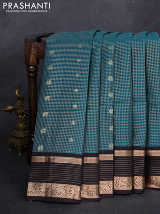 Peacock Green & Coffee Brown Kanchipuram Soft Silk - Checks