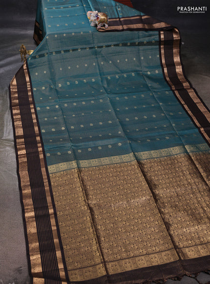 Peacock Green & Coffee Brown Kanchipuram Soft Silk - Checks