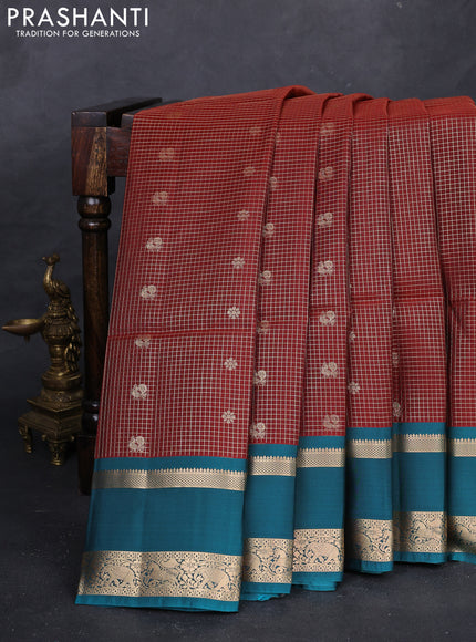 Rust & Peacock Blue Kanchipuram Soft Silk - Checks