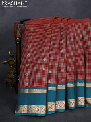 Rust & Peacock Blue Kanchipuram Soft Silk - Checks