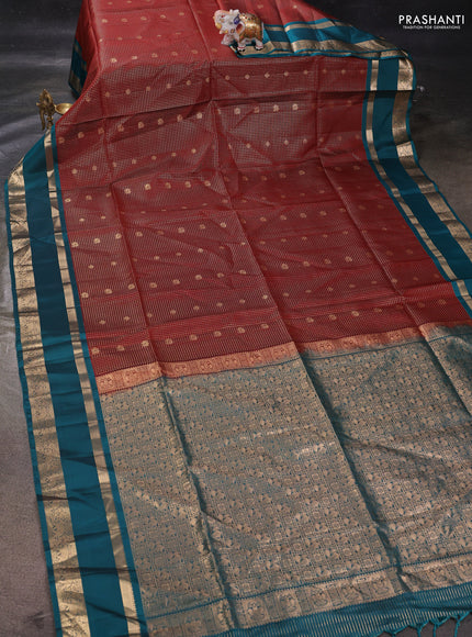 Rust & Peacock Blue Kanchipuram Soft Silk - Checks
