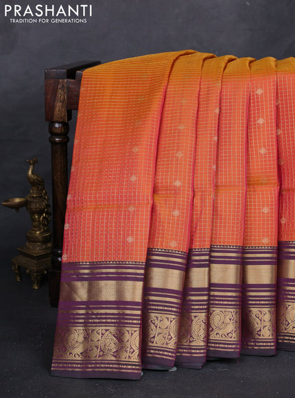 Sunset Orange & Purple Kanchipuram Soft Silk - Checks