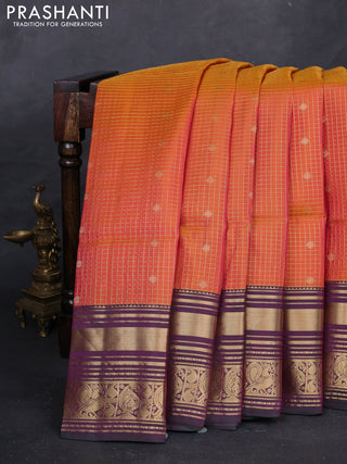 Sunset Orange & Purple Kanchipuram Soft Silk - Checks