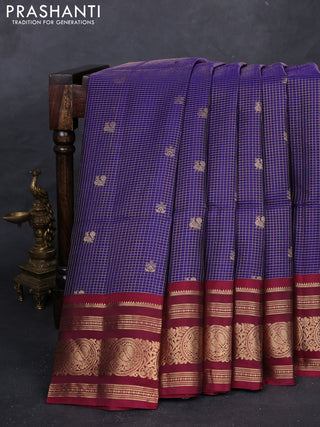 Blue & Magenta Pink Kanchipuram Soft Silk - Checks