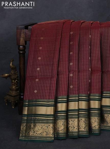 Maroon & Bottle Green Kanchipuram Soft Silk - Checks