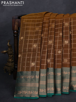 Mustard  & Green Kanchipuram Soft Silk - Checks
