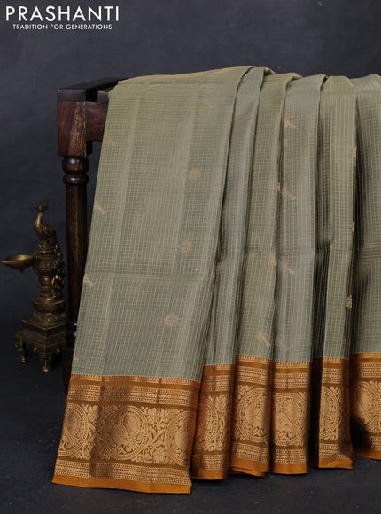 Elaichi Green & Mustard Yellow Kanchipuram Soft Silk - Checks