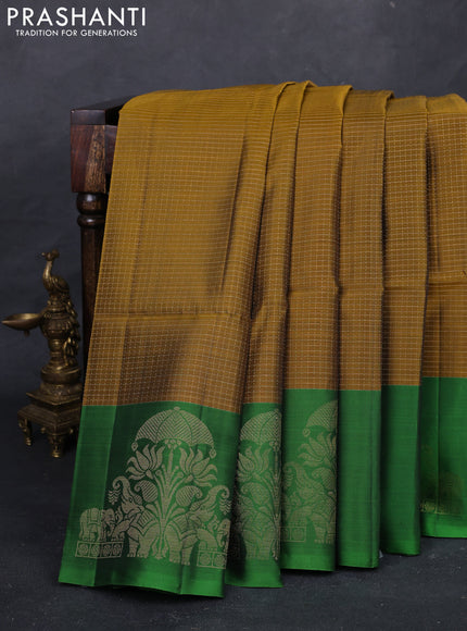 Mustard Yellow & Green Kanchipuram Soft Silk - Checks