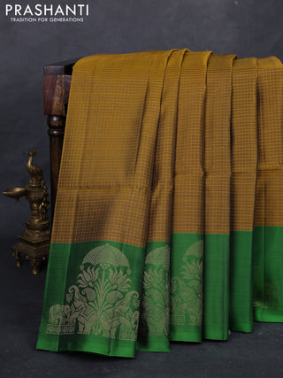 Mustard Yellow & Green Kanchipuram Soft Silk - Checks