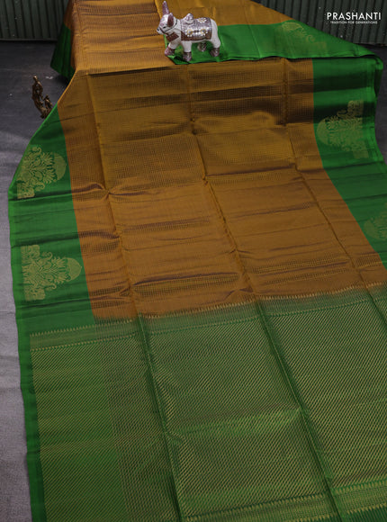 Mustard Yellow & Green Kanchipuram Soft Silk - Checks
