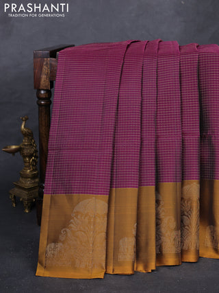 Magenta Pink & Mustard Yellow Kanchipuram Soft Silk - Checks