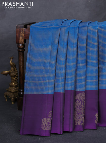Peacock Blue & Violet Kanchipuram Soft Silk - Checks