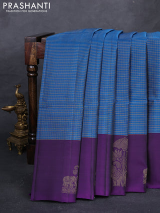Peacock Blue & Violet Kanchipuram Soft Silk - Checks