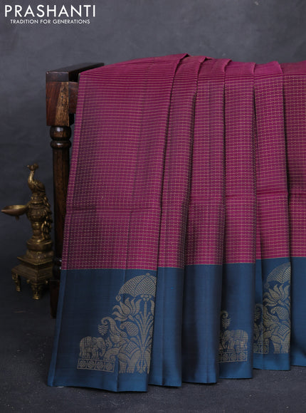 Magenta Pink & Peacock Blue Kanchipuram Soft Silk - Checks