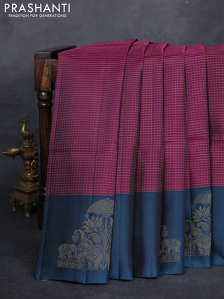 Magenta Pink & Peacock Blue Kanchipuram Soft Silk - Checks