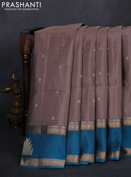 Pastel Brown & Teal Blue Kanchipuram Soft Silk - Checks