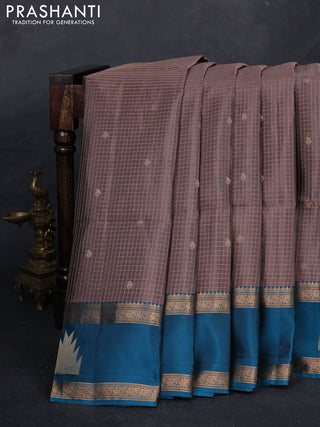 Pastel Brown & Teal Blue Kanchipuram Soft Silk - Checks