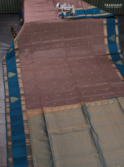 Pastel Brown & Teal Blue Kanchipuram Soft Silk - Checks