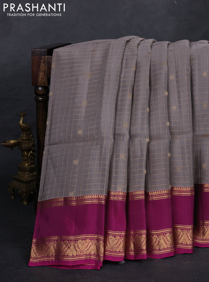 Grey & Magenta Pink Kanchipuram Soft Silk - Checks