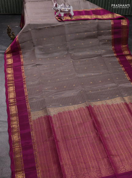 Grey & Magenta Pink Kanchipuram Soft Silk - Checks