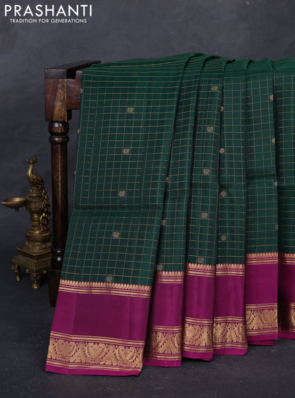 Bottle Green & Magenta Pink Kanchipuram Soft Silk - Checks