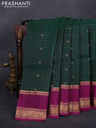 Bottle Green & Magenta Pink Kanchipuram Soft Silk - Checks