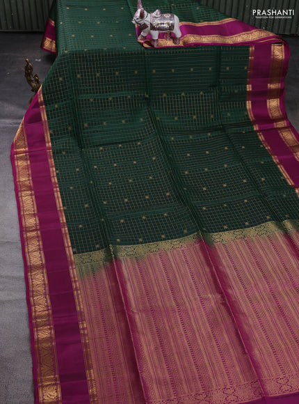 Bottle Green & Magenta Pink Kanchipuram Soft Silk - Checks