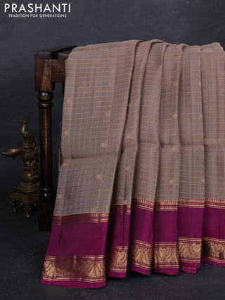 Pastel Brown & Magenta Pink Kanchipuram Soft Silk - Checks