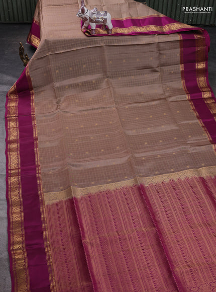 Pastel Brown & Magenta Pink Kanchipuram Soft Silk - Checks