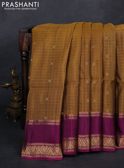 Mustard & Magenta Pink Kanchipuram Soft Silk - Checks