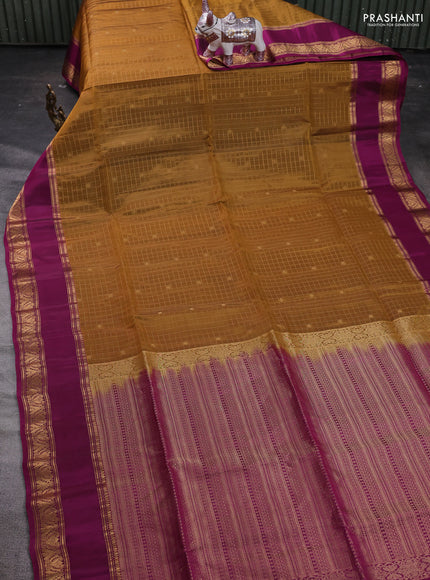 Mustard & Magenta Pink Kanchipuram Soft Silk - Checks