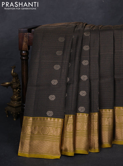 Black & Mustard Yellow Kanchipuram Soft Silk - Checks