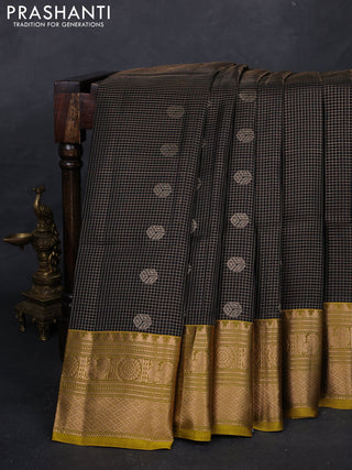 Black & Mustard Yellow Kanchipuram Soft Silk - Checks