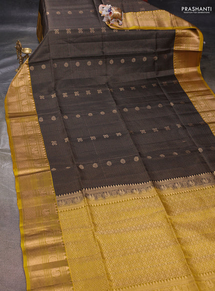 Black & Mustard Yellow Kanchipuram Soft Silk - Checks